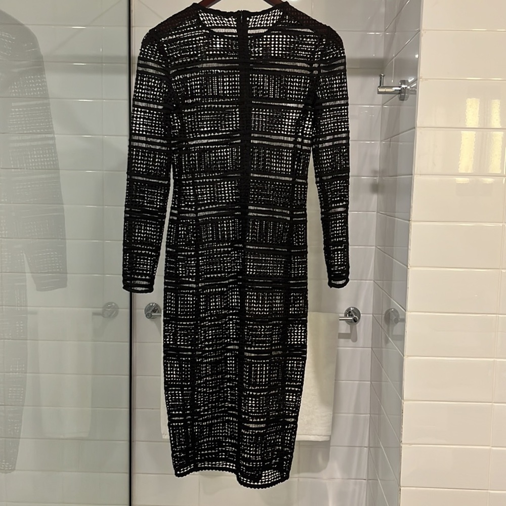 ZARA Black Lattice Crochet Lace Long Sleeve Midi Shift Dress - Picture 10 of 10
